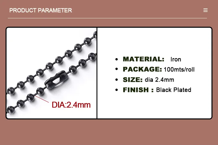 Función Cadena de rodillos de acero inoxidable Pre-cortado 2.4mm Cadena de bolas para Dogtag Tamaño personalizado a prueba de óxido 0