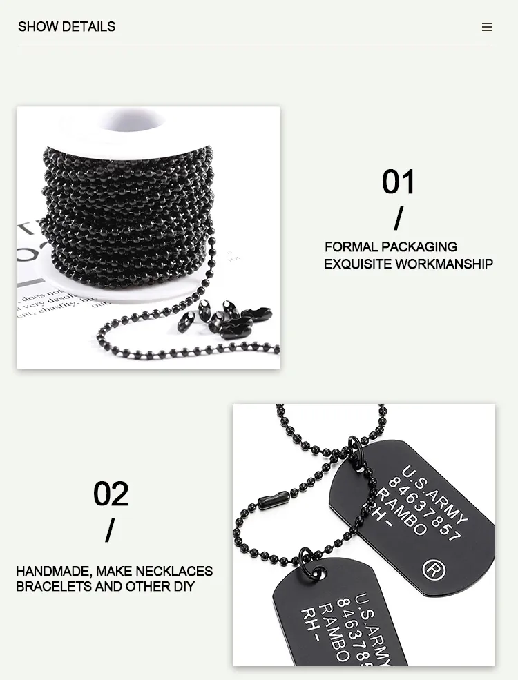Función Cadena de rodillos de acero inoxidable Pre-cortado 2.4mm Cadena de bolas para Dogtag Tamaño personalizado a prueba de óxido 1